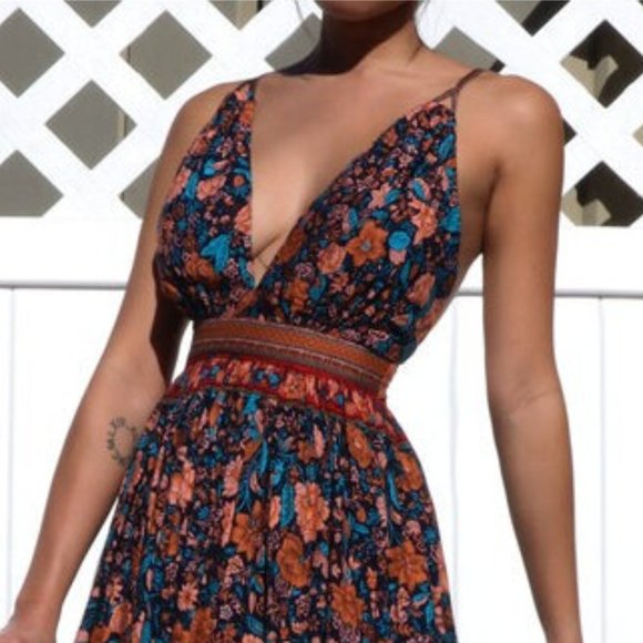 Boho Gypsy Floral Print Open Back Maxi Dress Bohemian Chic Long Dress - Picture 6 of 8